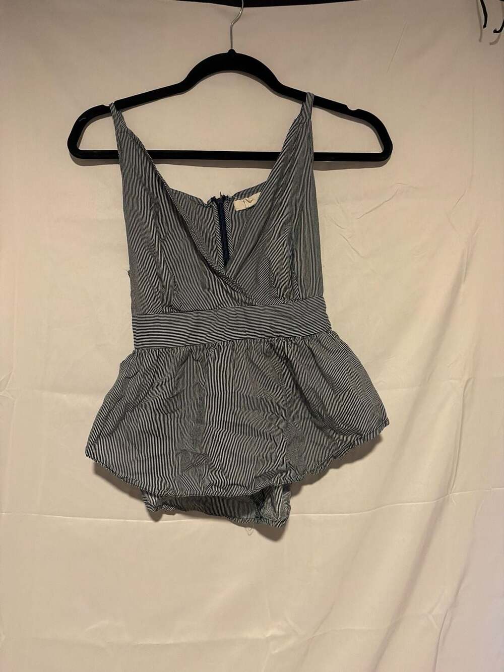 E&M Romper Size M Blue White Striped Seersucker Peplum Wrap